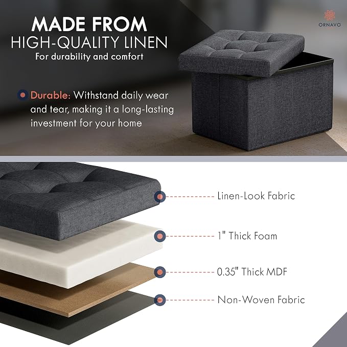 Ornavo Home Small Storage Ottoman, Foldable Collapsible Rectangle Linen Ottoman - Image 4