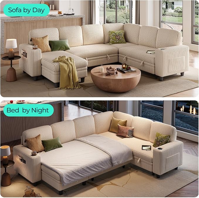 LINSY HOME Sectional Sofa with Pull Out Bed, 6 Seats Corduroy Reversible - Image 4