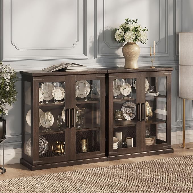 BELLEZE Set of 2 Glass Display Cabinet, Living Room, or Kitchen by BELLEZE