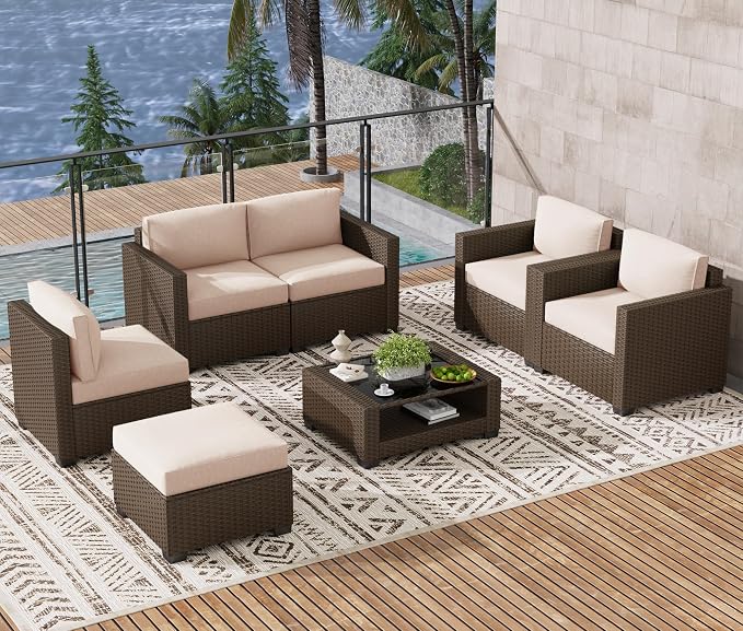 LOUVIXA 7 Piece Outdoor Patio Furniture Set, Rattan Chairs Glass Table Wicker by LOUVIXA