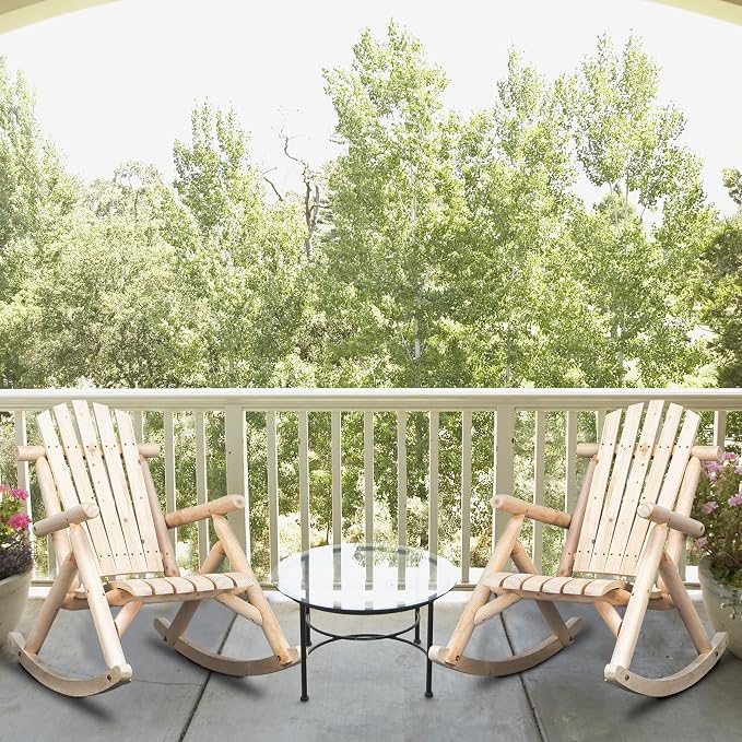 Outvita Wooden Rocking Chair Set of 2, Fir Log Adirondack Rocker, Outdoor Wood - Image 2