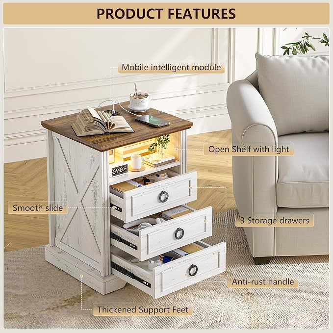 Nightstand Set 2 with Charging Station, Farmhouse End Side Table with 3 Drawers - Image 4