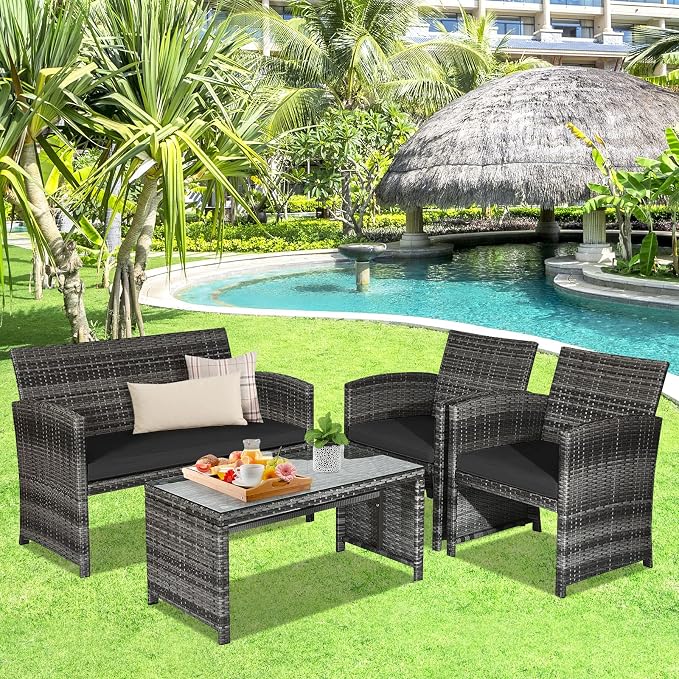 Goplus 4-Piece Rattan Patio Furniture Set, Outdoor Wicker Conversation Sofa - Image 6