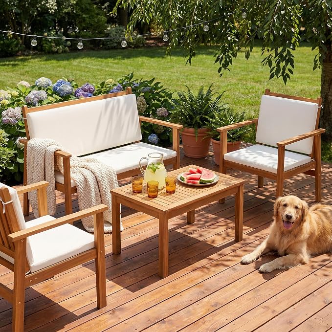 Devoko Patio Furniture 4 Piece Acacia Wood Outdoor Conversation Sofa Set by DEVOKO