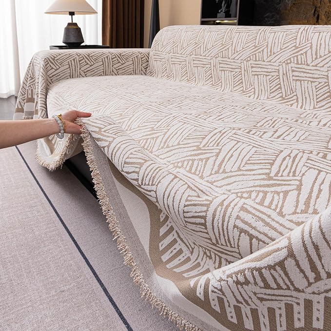 VClife Boho Couch Cover, Abstract Cream and Khaki Line Geometric Jacquard Couch by VCLIFE