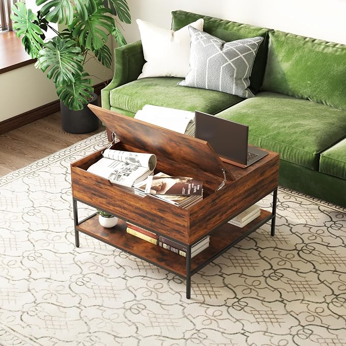 Farmhouse Coffee Table with Hidden Storage 32 in, Square Wood Living Room - Image 8