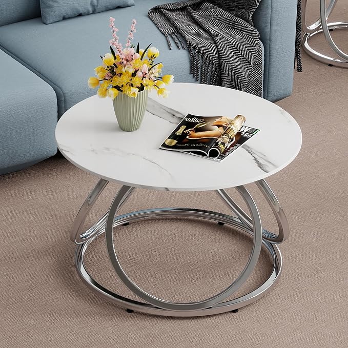 O&K FURNITURE Silver Coffee Table, Round Coffee Table Faux Marble Veins - Image 7