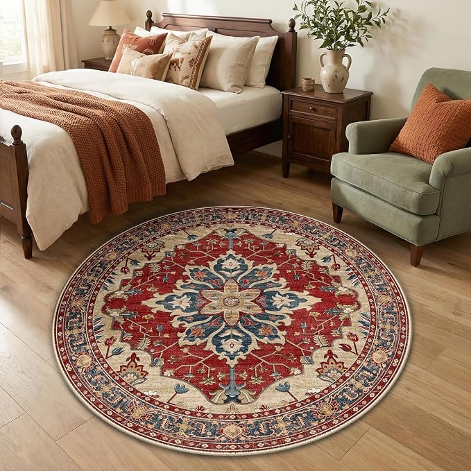 RELEANY Area Rugs Round 4ft Washable Non-Slip, Floral Vintage Distress Print - Image 3