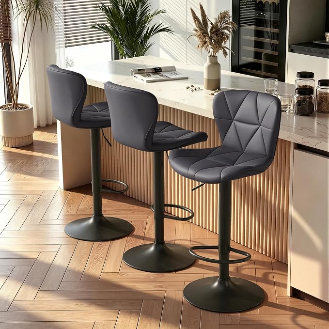 Nalupatio Modern Bar Stools Set of 3, Adjustable Faux Leather Upholstered by Nalupatio