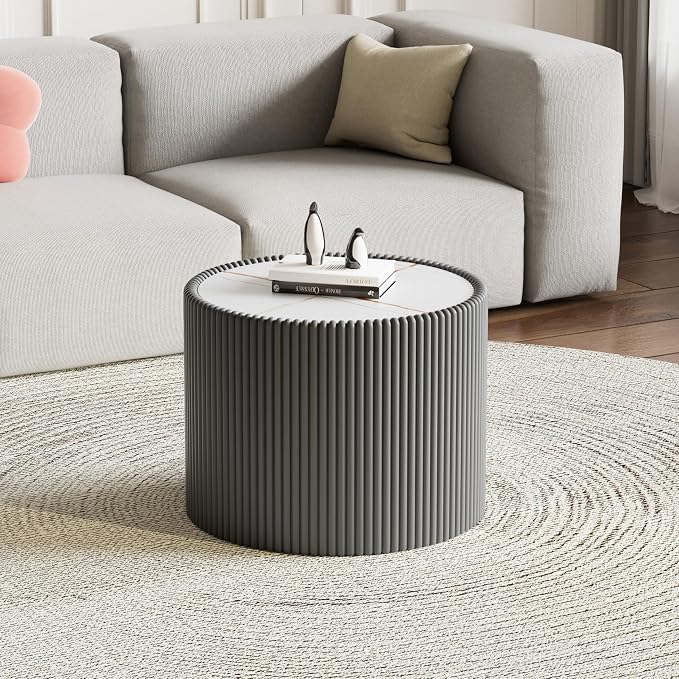 SSLine Round Drum Coffee Table Modern Sintered Stone Top Side End Table in Grey - Image 2