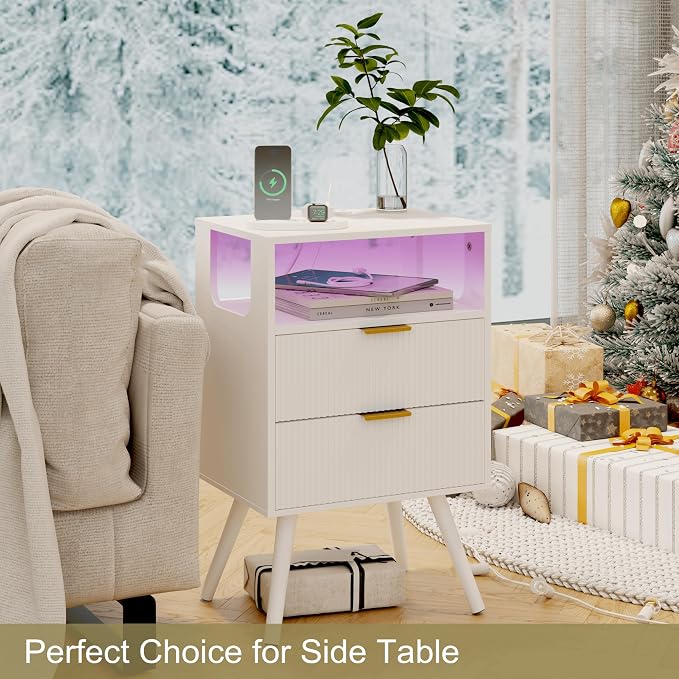 JOONEE White Nightstand with Charging Station and LED Lights, Modern Bedside - Image 8
