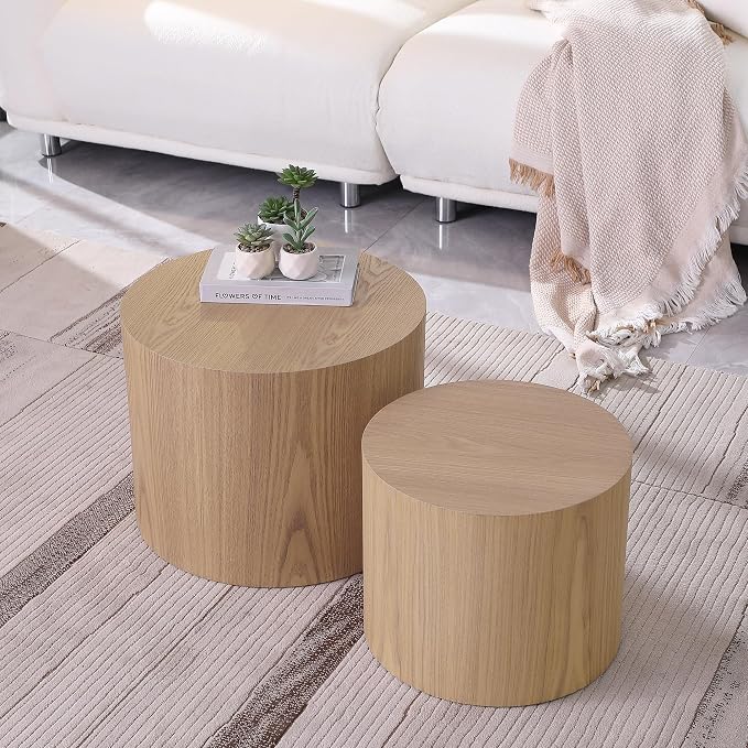 Small Round Coffee Table Nesting End Table Set of 2, Wood Side Circle Accent - Image 6