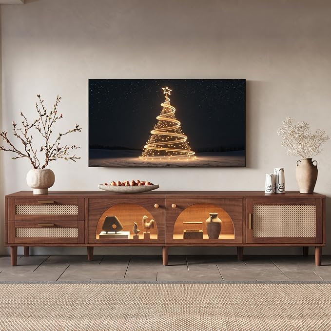 Merax Rattan TV Stand with LED Lights, Solid Wood Feet, Living Room, Bedroom by Merax