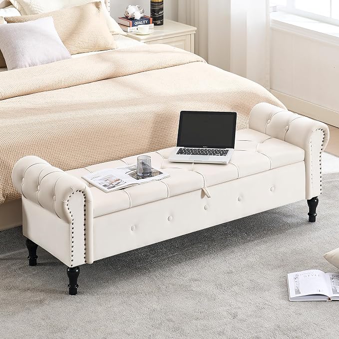 Storage Bench for Bedroom, Velvet 67" End of Bed Bench, King Size Bench - Image 3
