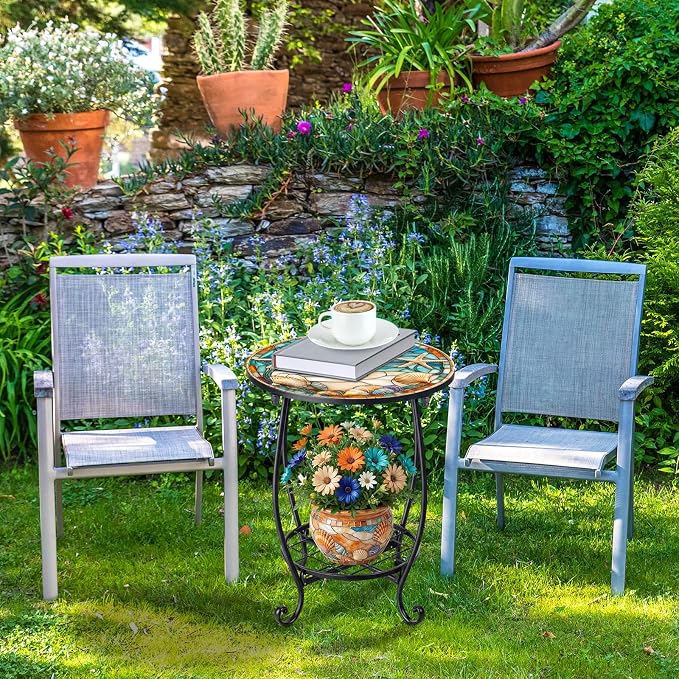 Cinnvoice Outdoor Side Table Round Small Mosaic Patio Accent Indoor End Plant - Image 7
