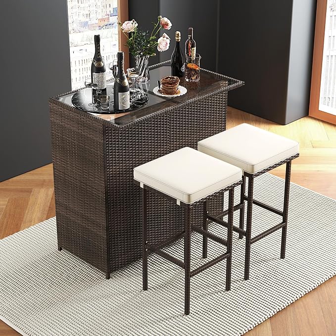 Tangkula Patio Bar Set, 3 Piece Outdoor Rattan Wicker Bar Set - Image 4