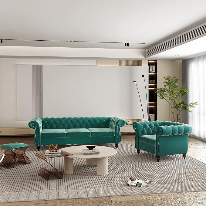 2 Piece Living Room Set, Velvet Chesterfield Sofa Couch Chair - Image 8