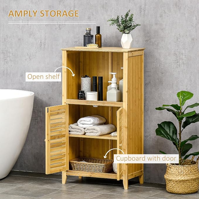 HOMCOM Bamboo Floor Cabinet Bathroom Floor Cabinet Living Room Organizer Tower - Image 5
