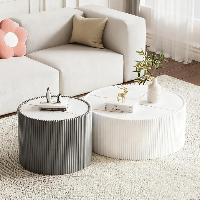 SSLine Round Drum Coffee Table Set of 2 Modern Sintered Stone Top Nesting - Image 3