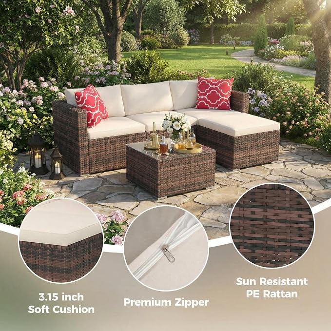 5-Piece L-Shaped Outdoor Patio Furniture Set, PE Wicker Sectional Sofa Set - Image 6