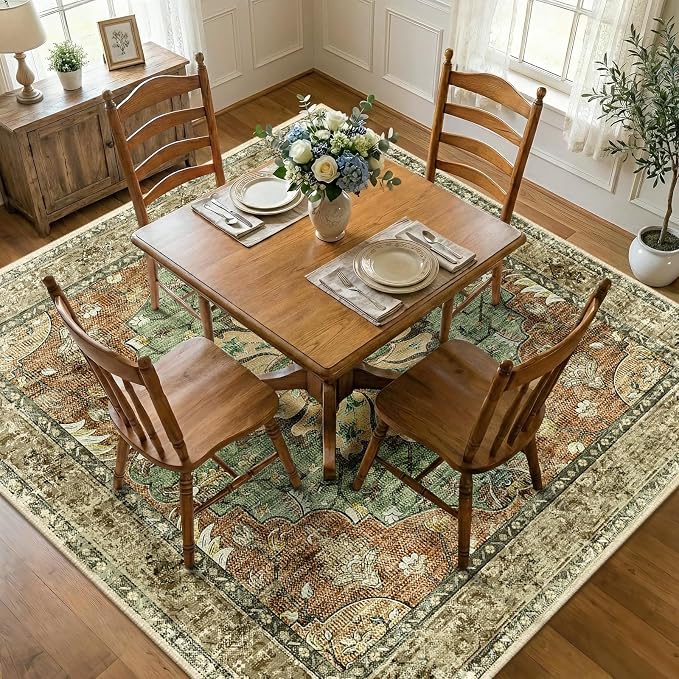 RELEANY Area Rugs Square 7ft Washable Non-Slip, Floral Vintage Distress Print by RELEANY