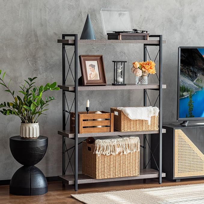 HCHQHS Bookshelf, 4-Tier Industrial Bookcase, Rustic Open Book Shelf, - Image 5
