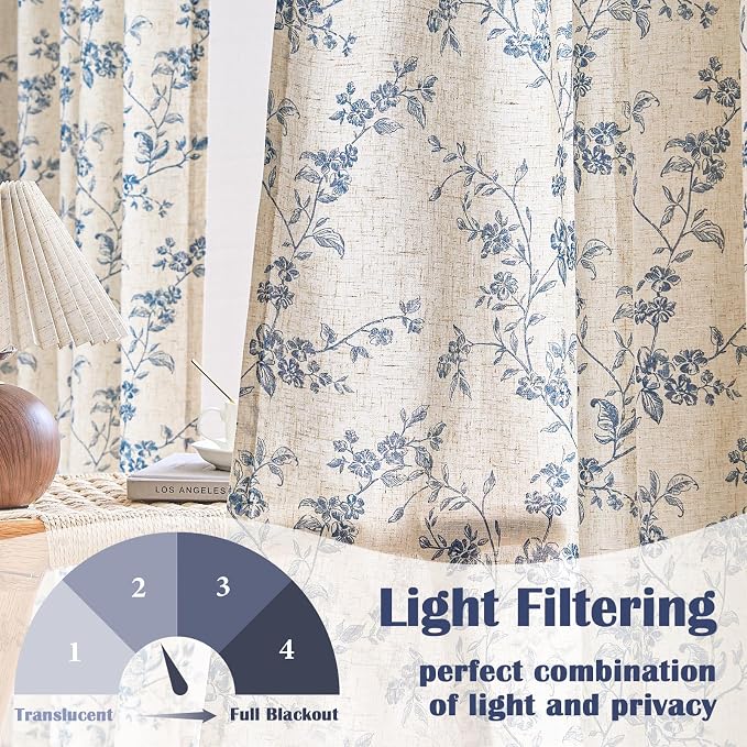Lazzzy Farmhouse Linen Curtains Extra Long Blue Floral Curtains 108 Inch Long - Image 3