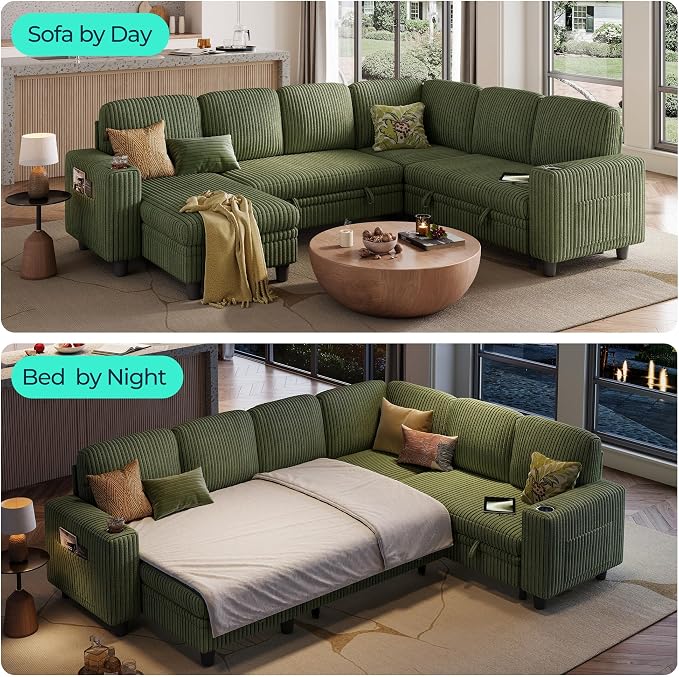 LINSY HOME Sectional Sofa with Pull Out Bed, 6 Seats Corduroy Reversible - Image 7