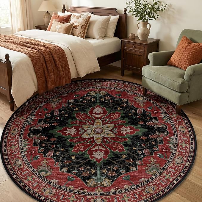 RELEANY Area Rugs Round 6ft Washable Non-Slip, Floral Vintage Distress Print - Image 3