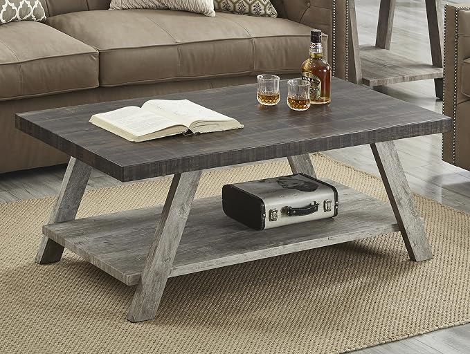 Contemporary Two-Tone Wood Shelf Coffee Table, 48 in Weathered Walnut and Gray - Image 6