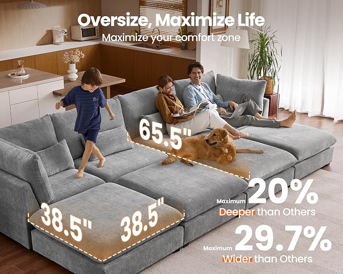 77" Oversized Chenille Couch Modular Sectional Sofa, Washable Cloud Couch - Image 3