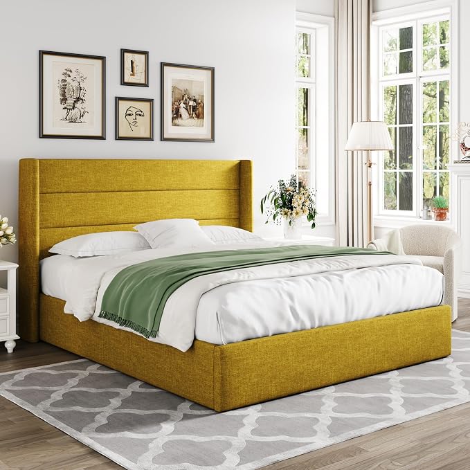 Allewie Full Size Lift Up Storage Bed, Modern Wingback Headboard, Hydraulic - Image 8