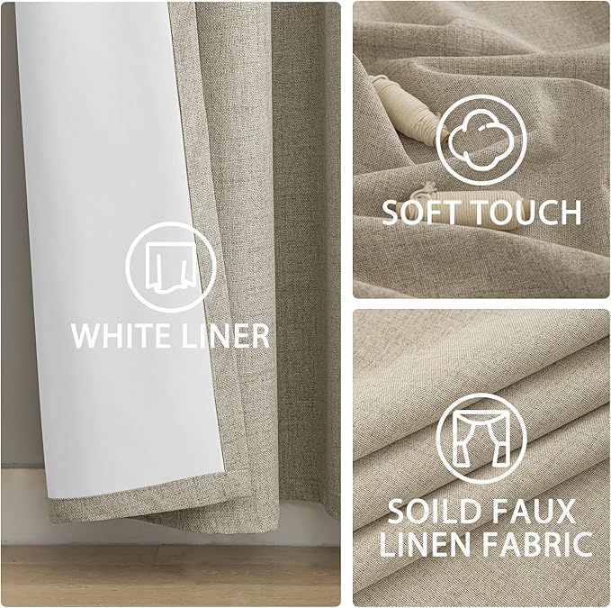 Yakamok Natural Linen Curtains 100% Blackout 96 Inches Long, Room Darkening - Image 6