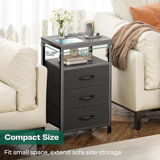 Huuger Nightstand with Charging Station, 27.6 Inch End Table Bedside Table with - Image 5