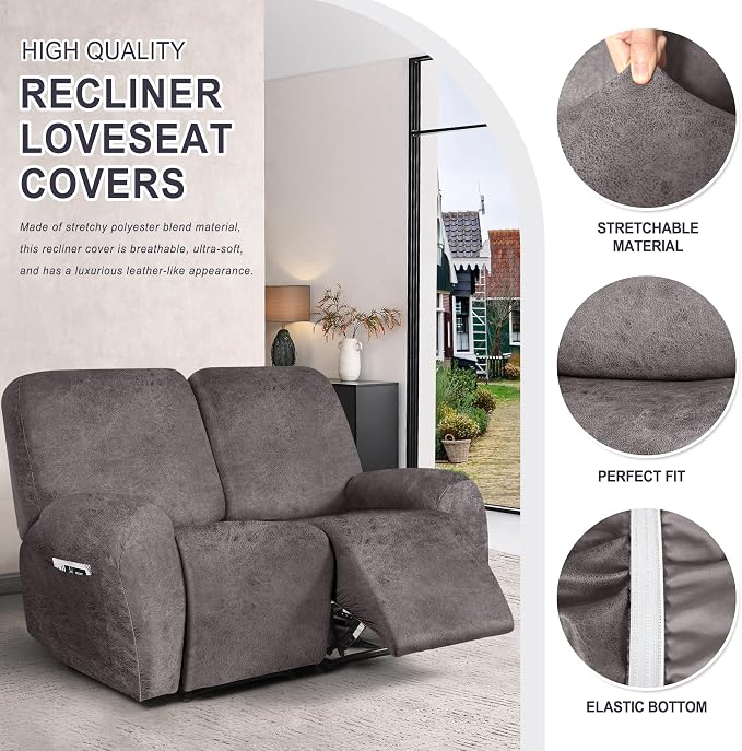 ANARACHON Leather Look Loveseat Recliner Cover, 6-Pieces Stretch Dual Recliner - Image 4