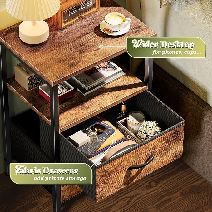 Huuger Night Stand with 2 Drawers, Bed Side Table with Open Shelf, Wooden Top - Image 5