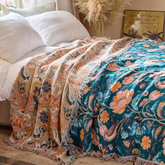 MSGKV Boho Throw Blanket for Couch 50"x60" Cotton Birds Floral Blanket Sofa - Image 7
