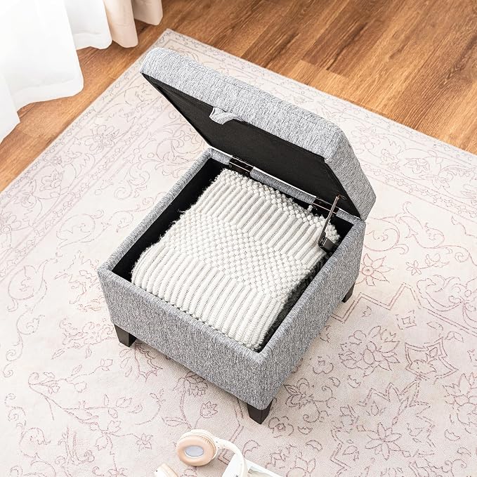Adeco 18-Inch Cube Storage Ottoman, Upholstered Linen Footrest Stool - Image 5