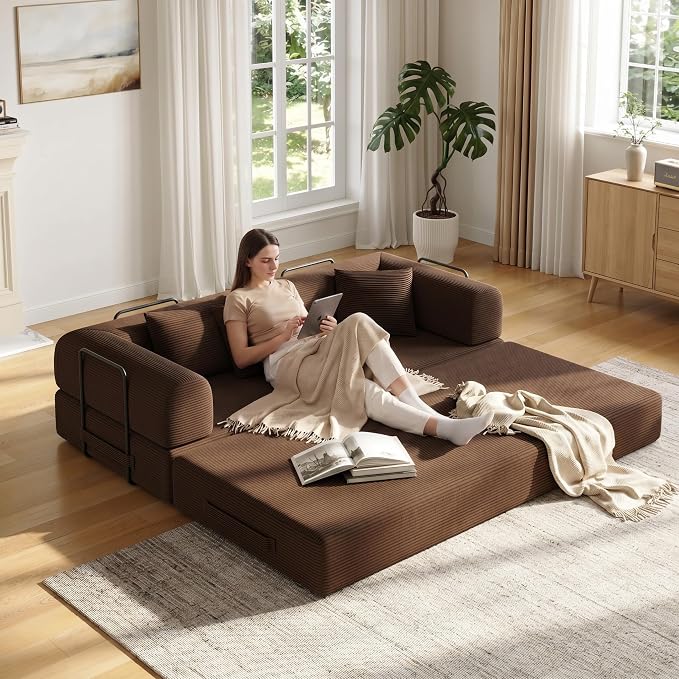 79in Convertible Sofa Bed, Corduroy Boneless Couch Bed, Futon Sleeper Sofa Pull by Unknown