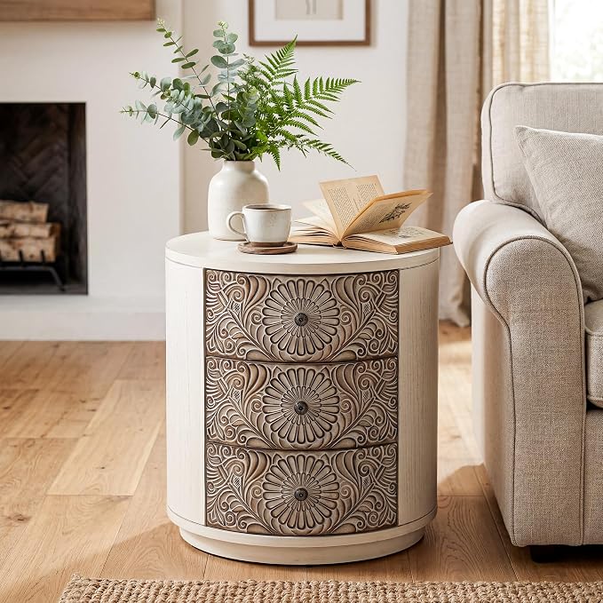 HOMPUS Round End Table with Carved Floral Pattern, Vintage Nightstand w 3 - Image 3