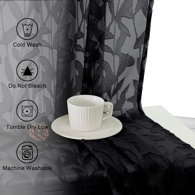 Lecloud Leia Black Sheer Curtains 84 Inches Long 2 Panels, Airy Leaf Textured - Image 9