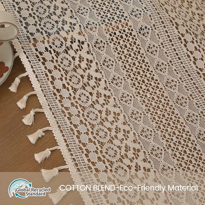 WAZZIO Boho Lace Curtains 80 Inches 2 Panel, Light Filtering Privacy Tassel & - Image 2