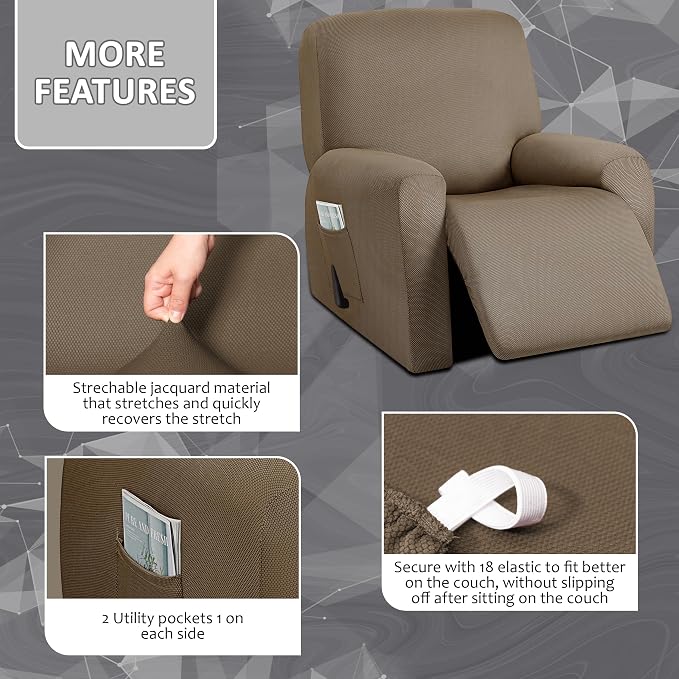 ULTICOR 4-Piece, 1 Seat Recliner Cover, Yarn Dyed Reclining Chair Covers - Image 3