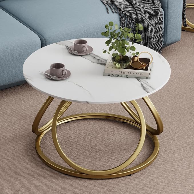 O&K FURNITURE Gold Round Coffee Table, Faux Marble Top - Image 5