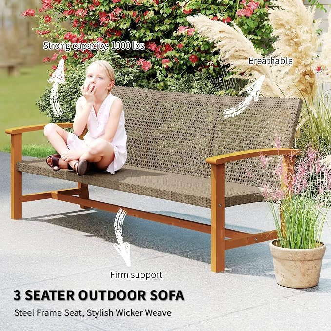 Outsunny Wicker Outdoor Couch, 3-Seat Rattan Outdoor Patio Sofa, 1000 lbs. - Image 4