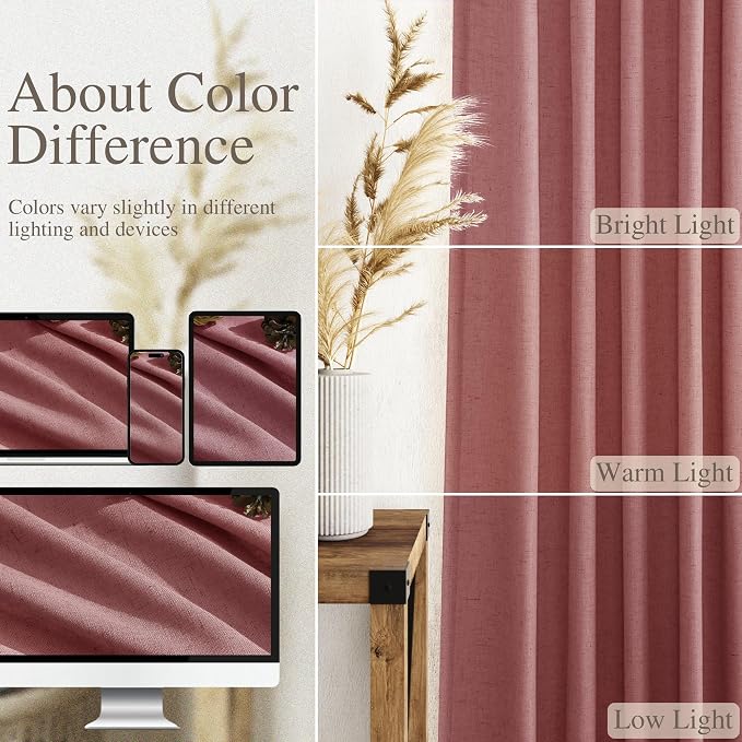 Nanspring Canyon Rose Linen Curtains 90 Inch Long 2 Panels Set - Image 3