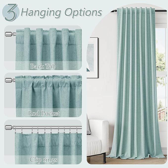 Guken Light Blue 100% Blackout Linen Curtains 100 Inch Length 2 Panels Set - Image 6