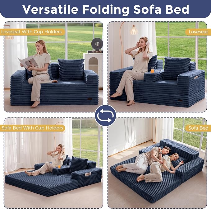 MAXYOYO Loveseat Sofa Bed, Striped Faux Fur Foldable Floor Sofa Couch in A Box - Image 4