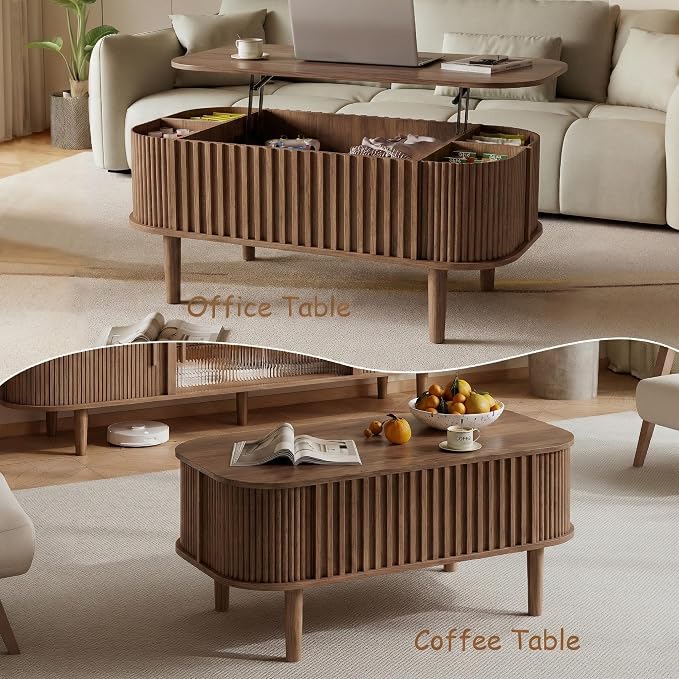 Lift Top Coffee Table with Storage, Faux Marble Top, Wood Fluted Center Table - Image 3