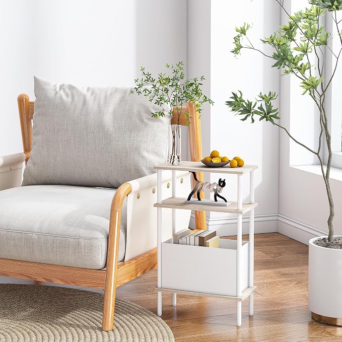 Narrow Side Table with Fabric Basket, Slim Nightstand with 3-Tier Storage Shelf - Image 8
